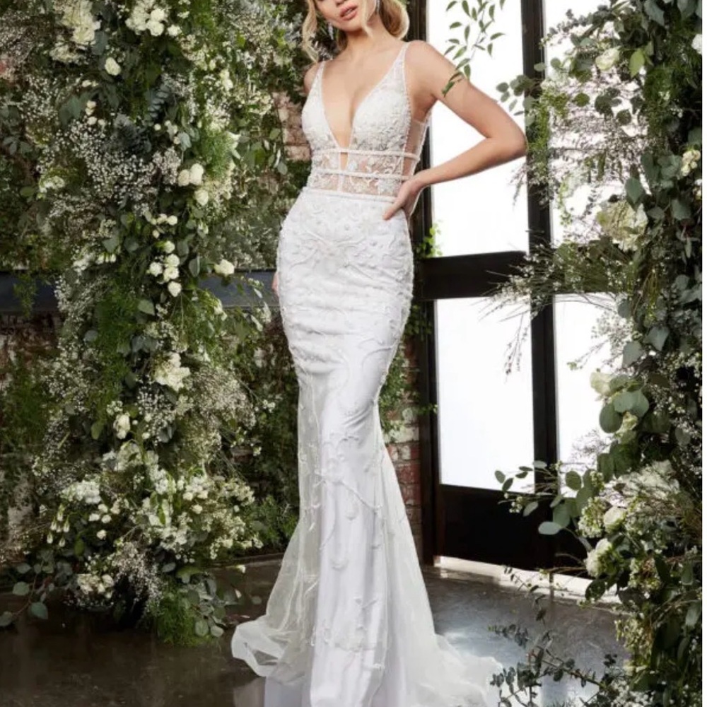 Jovani White Floral Lace Wedding Dress